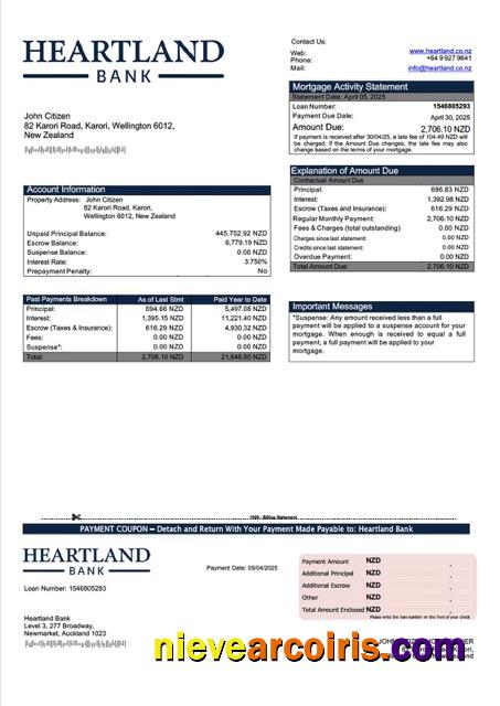 New Zealand Heartland Bank mortgage statement Word and PDF template